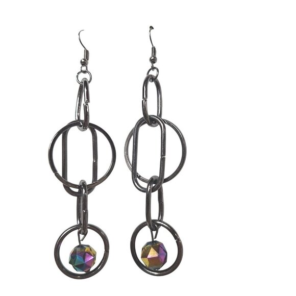 Silver Tone Chain Link Drop Earrings With Iridescent Beads - Picture 1 of 4